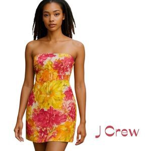 J Crew Silk Pink Yellow Strapless Tropical Vacation Dress NWOT Size 8